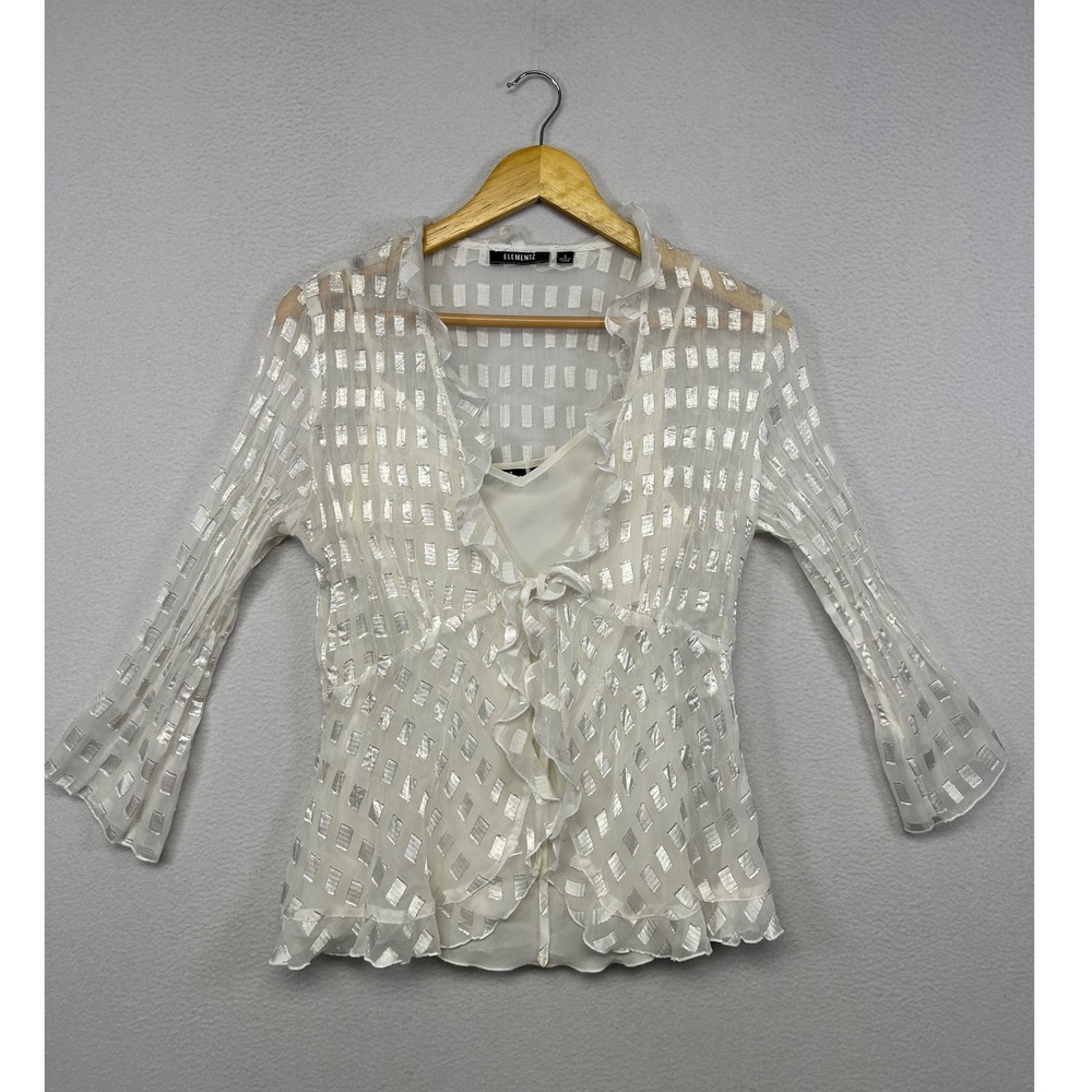 Y2K Fairycore Elementz Women Small White Silver Metallic Ruffle Tie Front Blouse